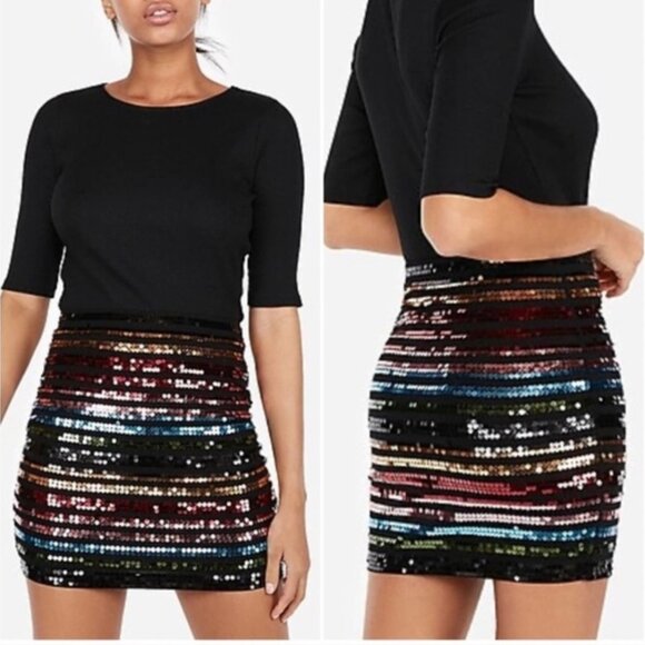 Express Dresses & Skirts - EXPRESS Sequin Rainbow Striped Miniskirt Bodycon Mini  Size XXS PRIDE  Sexy